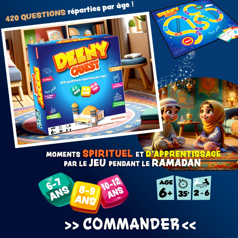 DEENY QUEST: 420 questions sur l'islam réparties par âge! (+6 ans, 3 niveaux) , Jeu de société Osratouna